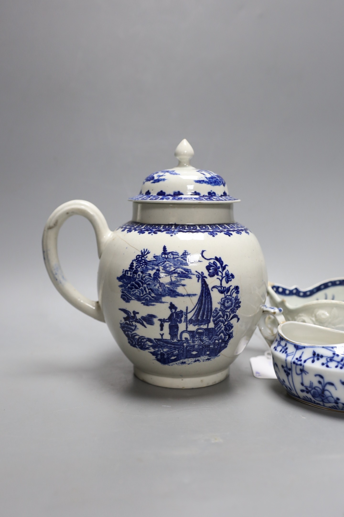 Two Worcester blue and white sauceboats a Bow (?) Sauceboat, a damaged teapot and a continental invalid feeder